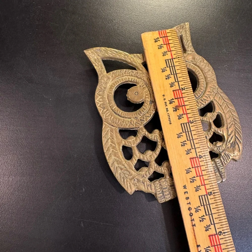 Vintage Owl Trivet Kitchen Home Decor Gold Brass Mid Century Taiwan 5.5in